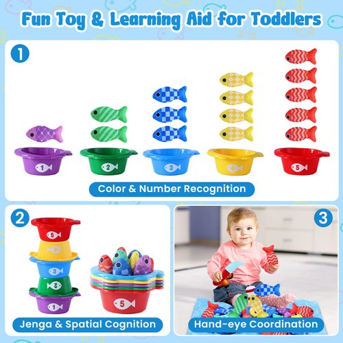 HSLNSD Montessori Toys for 1 Year Old, 22PCS Cloth Fishing Game for Toddler 1-3 with Stacking Cups, Baby Fishing Toy for Number Counting, Color Sorting, Shape Learning, Boy Girl Gift
