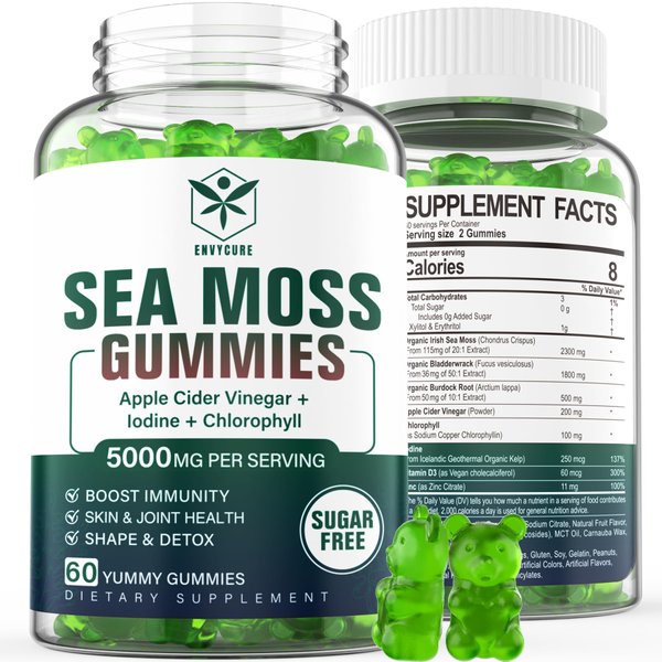 Sugar-Free Sea Moss Gummies 5000mg, Extra Strength Irish Moss Gel Supplement with Iodine, Chlorophyll, Unfiltered ACV, D3, Burdock Root, Bladderwrack for Immune, Digestive, Joint, Skin, Vegan 60 Chews