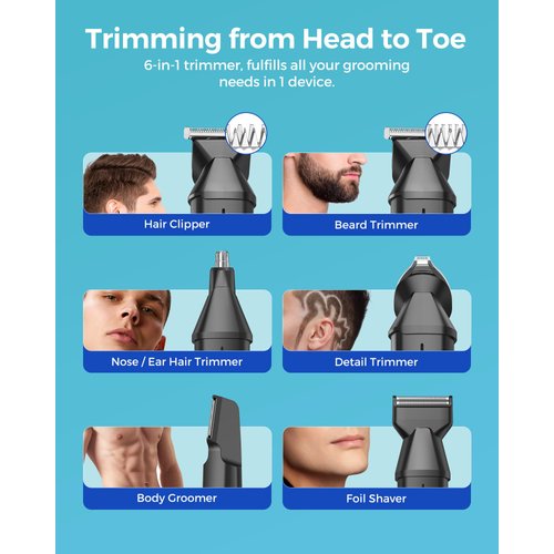 GLAKER Beard Trimmer for Men,Cordless Hair Trimmer,Electric Razor with Interchangeable Magnetic Attachments for Hair Body Facial Trimming,6 in 1 Men Gromming Kit with Storage Bag and Beard Bib Apron