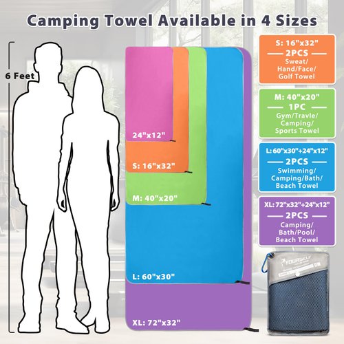 SYOURSELF Camping Towel, Microfiber Towel Quick Dry Beach Towel, Super Absorbent Compact Travel Towel Yoga Gym Sport Towel for Workout Camping Hiking Bath Swim(L:60"x30"+12"x24", 2Pcs)