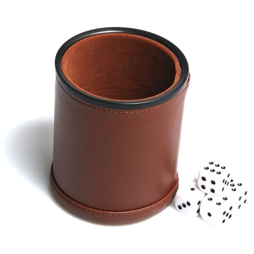 Leather Dice Cup Set Felt Lining Quiet Shaker with 5 Dot Dices for Farkle Yahtzee Games,Brown