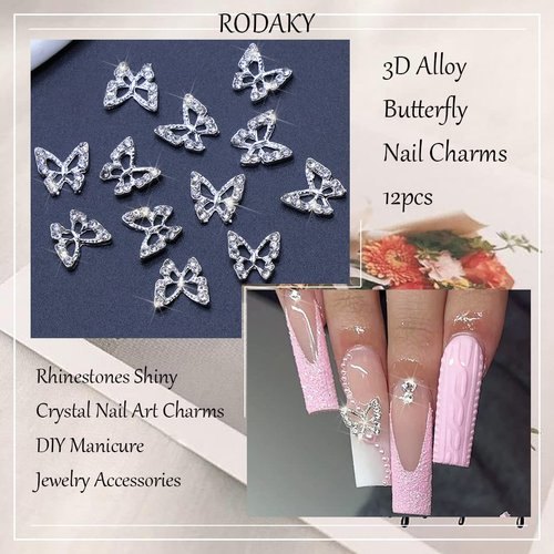 RODAKY 3D Alloy Butterfly Nail Art Charms 12PCS Silver Butterflies Nail Decoration with Gems and Rhinestones for Nail Crystals Design Butterflies Nail Art Jewels Accessories DIY Nail Supply