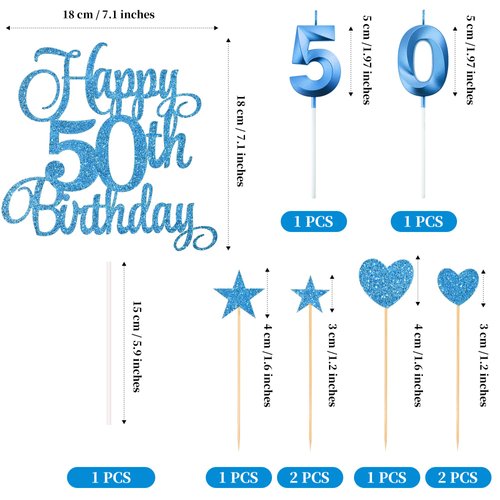 Lecferrarc 50th Birthday Cake Decorations, 50th Birthday Candles Cake Numeral Candles and Glitter Happy 50th Birthday Cake Toppers Set for Birthday Party Supplies (Blue)
