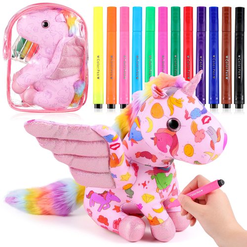Realspring 11" Coloring Plush Unicorn with 12 Washable Markers DIY Coloring Unicorn Stuffed Animal Washable Unicorn Doodle Doll Painting Craft Kit Art and Craft Activity for Birthday Gift