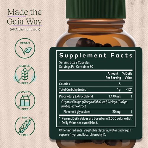 Gaia Herbs Ginkgo Leaf - Traditionally Used to Support Healthy Circulation and Brain Function - Organic, Herbal Supplement - 60 Vegan Liquid Phyto-Capsules (20-Day Supply)