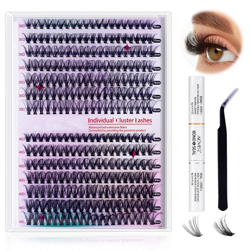 DIY Lash Extension Kit, 280Pcs 30D40D Individual Lashes with Lash Bond and Seal and Lash Applicator Tweezers D Curl, 9-16mm Mixed Length Clusters Lashes, Salon Lash Extensions at Home (White)