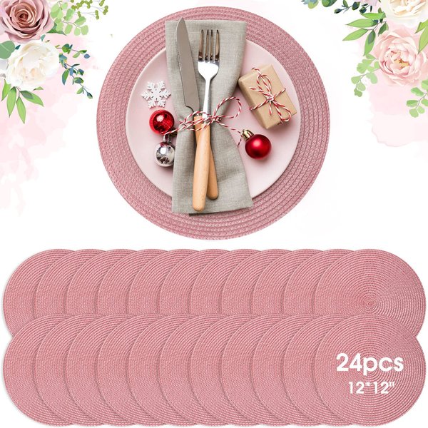 Buryeah 12 Inch Round Placemats Wedding Circle Woven Placemats Washable Dining Table Mats Tablescape Decor Hosting Friends for Friendsgiving Birthday Dinner Parties(Pink,24 Pieces)