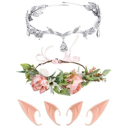 WILLBOND 2 Sets Elf Ears with Headband Rhinestone Leaf Wedding Tiara Bridal Tiara Crown Flower Headbands and 2 Pairs Fairy Ears Cosplay Accessories for Women Wedding Prom Birthday Halloween