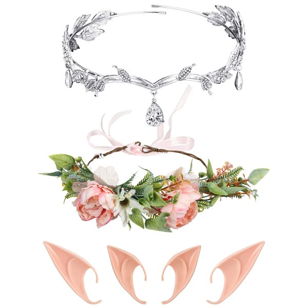 WILLBOND 2 Sets Elf Ears with Headband Rhinestone Leaf Wedding Tiara Bridal Tiara Crown Flower Headbands and 2 Pairs Fairy Ears Cosplay Accessories for Women Wedding Prom Birthday Halloween