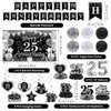 25th Wedding Anniversary Decorations Black Silver Happy 25th Anniversary Banner Backdrop Honeycomb Centerpiece Hanging Swirls Pom Poms for 25th Silver Wedding Anniversary Party Decorations Supplies