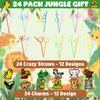 24 PCS Jungle Drinking Crazy Straws for Kids | Jungle Themed Animals Birthday Party Supplies Favors Decorations with 24 PVC Safari Charm, 2 Cleaning Brushes Reusable Straw
