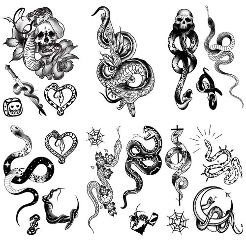 Snake & Skull Fake Temporary Tattoo Stickers - 5.9 x 8.2 Inch 6-Pack Include Black Mamba, Skull, Sword, and Flower Designs - Great for Halloween Christmas Cosplay Party Decorations for Adults & Kids