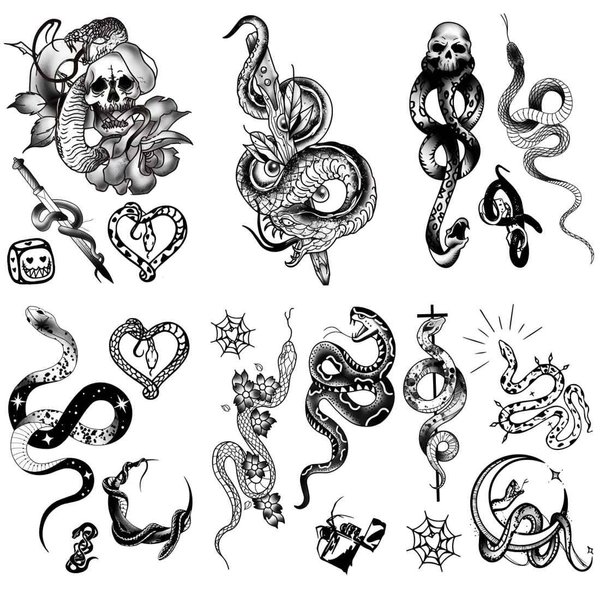 Snake & Skull Fake Temporary Tattoo Stickers - 5.9 x 8.2 Inch 6-Pack Include Black Mamba, Skull, Sword, and Flower Designs - Great for Halloween Christmas Cosplay Party Decorations for Adults & Kids