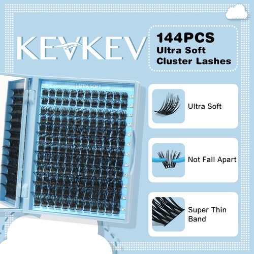 KevKev Lash Clusters Individual Lashes Flat Style Eyelash Clusters 144 Pcs Wispy Cluster Lashes Cluster Eyelash Extensions Thin Band & Soft (Taffee,D-10-18mix)
