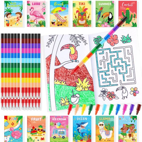 24 Summer Coloring Books with 24 Stacking Crayons Beach Flamingo Watermelon Fruit Birthday Party Favors Mini Drawing Book Bulk For Kids Ocean Pool Party Goodie Bag Gift Stuffer Classroom Activity