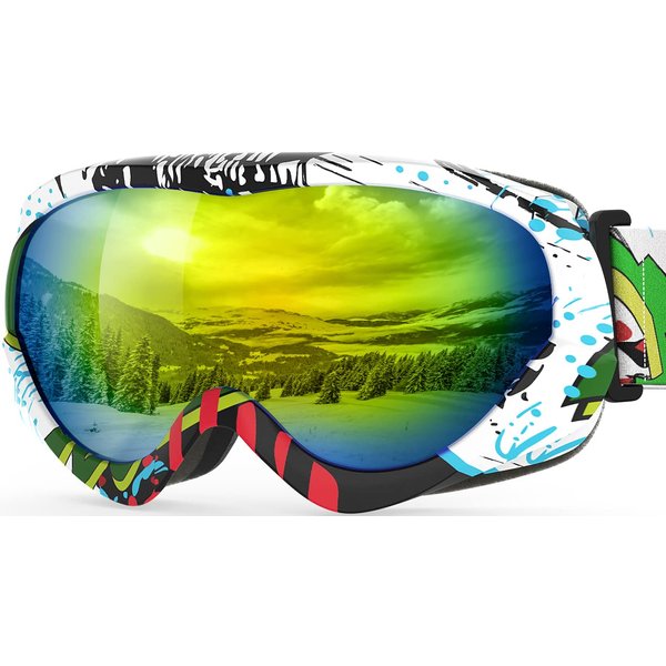 OutdoorMaster Kids Ski Goggles - Helmet Compatible Snow Goggles for Boys & Girls with 100% UV Protection (Color pattern Frame + VLT 13% Grey Lens with Full REVO Gold)