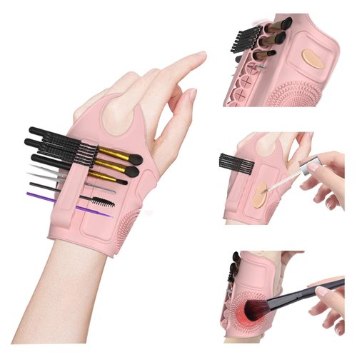 Makeup Mixing Palette Wrist Strap, Hand Hold Silicone Palette with Makeup Brush Storage, Art Nail Palette, Pigment Makeup Palette For Foundation Make-up (Pink)