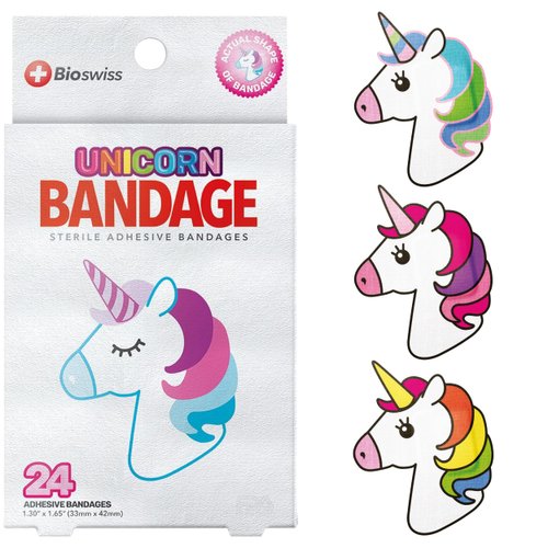 BioSwiss Bandages, Unicorn Shaped Self Adhesive Bandage, Latex Free Sterile Wound Care, Fun First Aid Kit Supplies for Kids, 24 Count