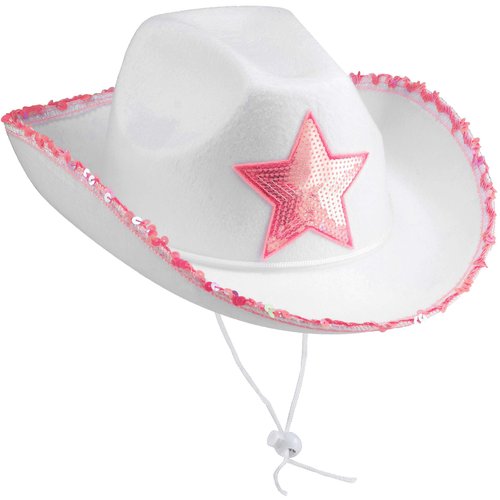 Bedwina White Cowgirl Hat - Felt Cowboy Hat with Pink Sequins Rim and Adjustable Neck-String, Fits Most Women and Adults for Bachelorette, Play Costume Accessories, Themed Party or Dress-Up