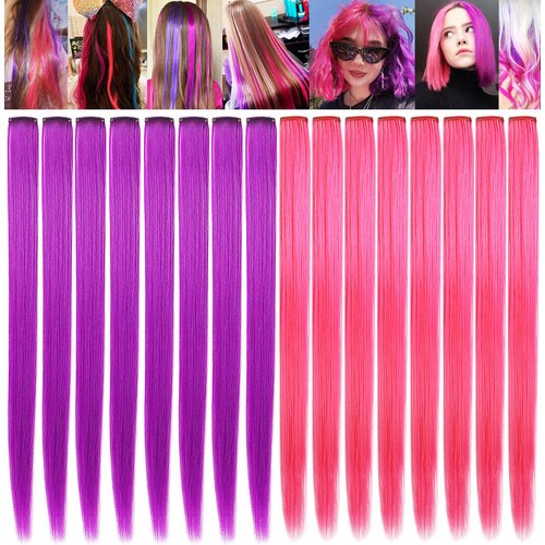 LSKJMO Pink and Purple Wig Pieces Colorful Party Highlights Clip in Coloured Hair Extensions Multicolors Straight Synthetic Hairpieces for Women Kids Girls