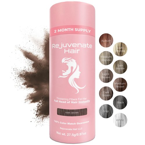 REJUVENATE Hair Fibers for Thinning Hair (Dark Brown), Undetectable Hair Powder for Women & 100% Natural Hair Building Fibers - Conceals Hair Loss - Bald Spot Cover Up Hair Powder, 2 Month Supply