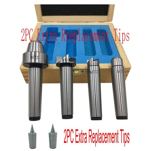 MT2 Live Center Wood Lathe Drive Spur Cup 4pcs Set with 2Pcs Extra Replacement Tips with Good Quality Wooden Box