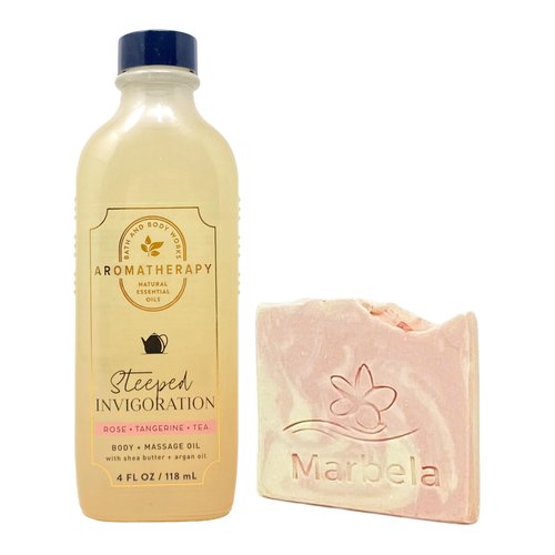 Bath & Body Works Aromatherapy Steeped Invigoration Rose + Tangerine + Tea Body and Massage Oil with a Himalayan Salts Springs Sample Soap