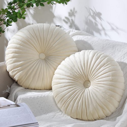 Namalu Round Throw Pillow 13.8 Inch Decorative Round Velvet Floor Pillows Small Pumpkin Throw Pillow Cushion for Living Room Sofa Bed (Cream,2 Pcs)