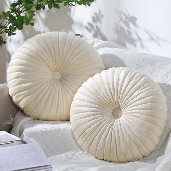 Namalu Round Throw Pillow 13.8 Inch Decorative Round Velvet Floor Pillows Small Pumpkin Throw Pillow Cushion for Living Room Sofa Bed (Cream,2 Pcs)