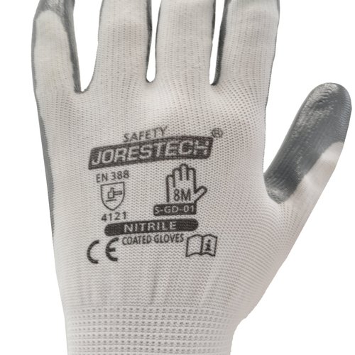 JORESTECH Safety Work Gloves White Polyester Knitted Fiber with Grey Nitrile Coating Pack of 12 GD-01 (Size 9-L)