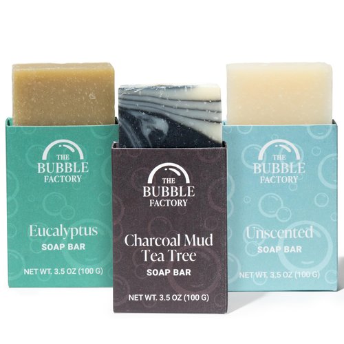 The Bubble Factory Handmade Natural Bath & Body Soap Bar, Vegan, All-Natural, Palm Oil Free, Made in USA, Shea Butter + Essential Oils, Eucalyptus/Charcoal Mud Tea Tree/Unscented, 3 Bars