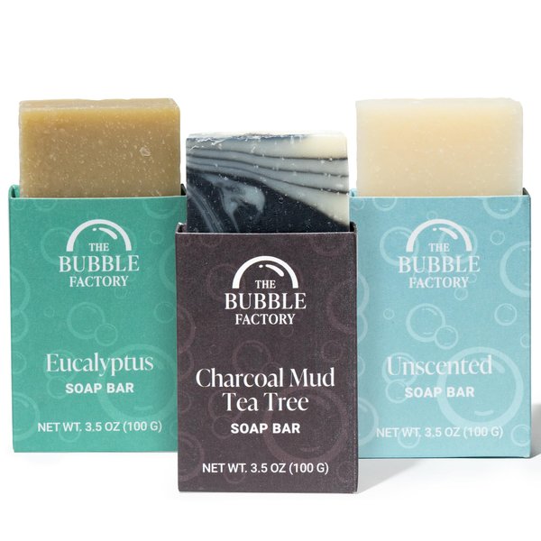 The Bubble Factory Handmade Natural Bath & Body Soap Bar, Vegan, All-Natural, Palm Oil Free, Made in USA, Shea Butter + Essential Oils, Eucalyptus/Charcoal Mud Tea Tree/Unscented, 3 Bars