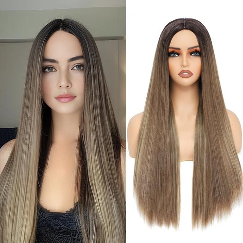 X-TRESS Ombre Brown Straight Hair Synthetic Wigs for Women 28 Inch Long Straight For Halloween Party Wig