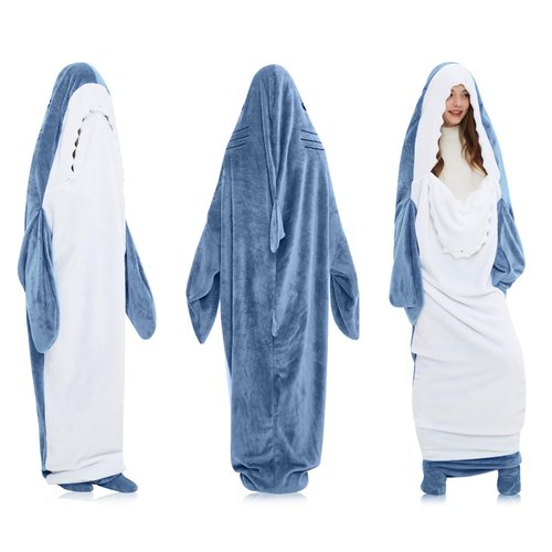 PoVwlty Wearable Shark Blanket Onesie Sleeping Bag, Super Soft Cozy Flannel Hoodie Shark Tail Blankets for Adults Teens Kids (1, BLUE, L: FOR 61-66 INCH HEIGHT)