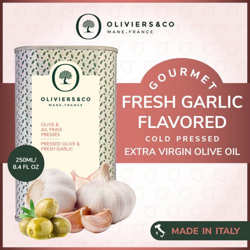 Garlic Olive Oil by Oliviers & Co. | Cold Pressed Extra Virgin Olive Oil and Fresh Garlic | Everyday and Cooking EVOO from Italy | Gourmet Flavored Oil in Tin Can | 250 ml Can