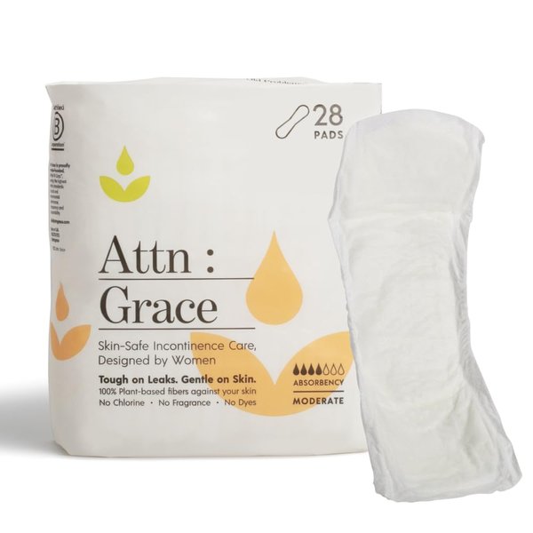 Attn: Grace Moderate Incontinence Pads for Women (28-Pack) - Discreet High Absorbency Sensitive Skin Protection | Medium Bladder Leaks or Postpartum | 100% Breathable & Plant-Based