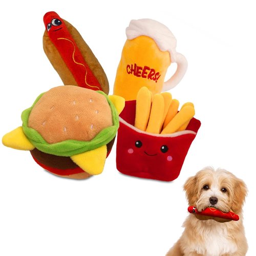 Hydrodogz 4 Pack Squeaky Plush Dog Chew Toy Assortment Food Bundle Puppy Meal Deal Hamburger, French Fries, Hot Dog, Beer, Cute Interactive Crinkle Toys for All Breeds and Sizes