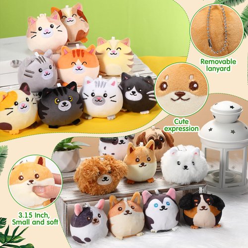 Halloscume 18 Pcs Mini Plush Cat Puppy Stuffed Animals Bulk 3.15 Inch Small Kitten Dog Animal Toys Keychains Set for Birthday Easter Egg Fillers School Prizes Party Gift Favors
