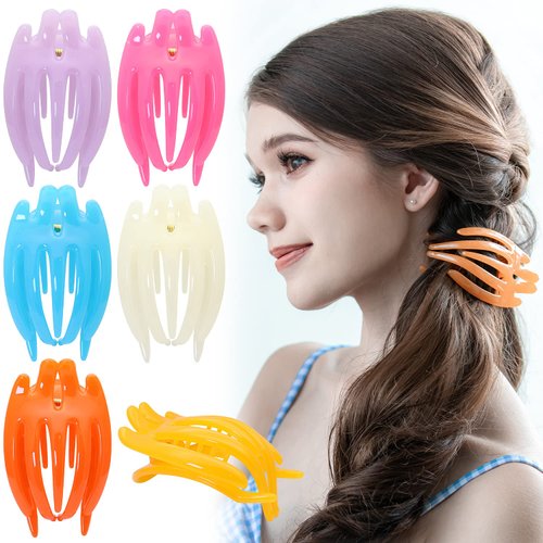 RC ROCHE ORNAMENT 6 Pcs Womens Cute Curve Hollow Barrette French Concord Eyelet Side Slide Claw Clamp Comb Clutcher Premium Fashion Accessory Hair Clip, Medium Jelly Candy Multicolor