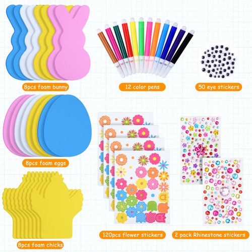 ELECLAND 208 Pcs Easter Foam Stickers Set Easter Bunny Chick Flower Egg Foam Stickers for Easter Crafts with Rhinestones Colored Pen Easter DIY for Girls Boys Easter Home Activities