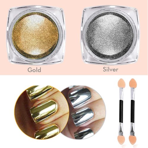 Metallic Chrome Powder Hisight 2 pcs Nail Art Mirror Glitter Chrome Pigment Powder Dust Nail Sequins Gold Silver Color Nail Art Tools with Sponge Stick ×2 (Silver Gold)