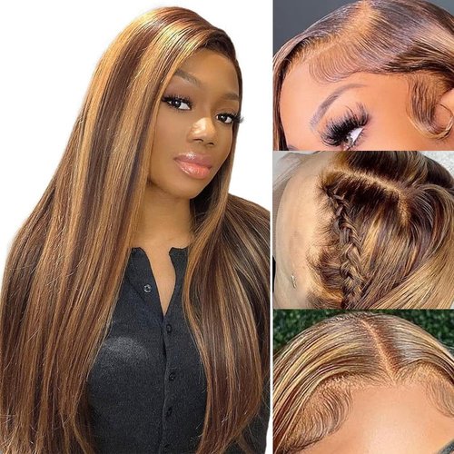wenyu Highlight Ombre Lace Front Wig Human Hair 4/30 Honey Blonde Straight Human Hair Wigs For Black Women 4x4 Lace Frontal Wigs Human Hair Colored Straight Lace Front Lace Front Wigs 28 inch