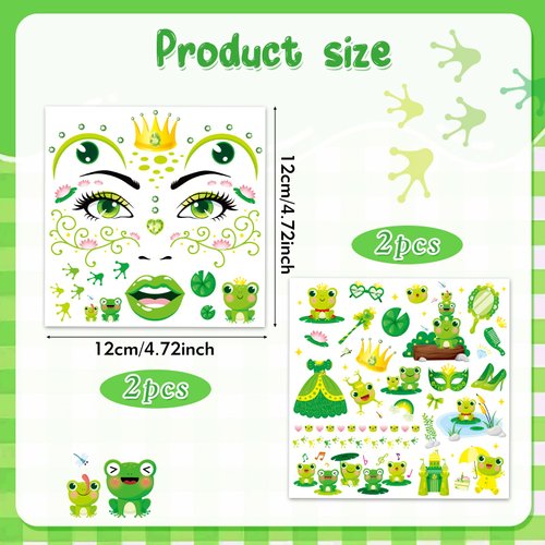 HOWAF 4 Sheets Frog Face Tattoos, Frog Temporary Tattoos Animal Frog Face Art Stickers for Girls Women Frog Birthday Decorations Cosplay Accessories, Frog Makeup Face Decoration Full Face Tattoos