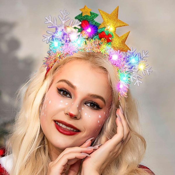 JEAIRTS Light Up Christmas Snowflake Headbands Led Christmas Tree Hair Band Light Up Star Xmas Headpiece Glowing Holiday Hair Accessories for Women