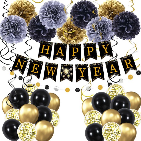New years eve party supplies 2025, 86 Pcs Black and Glod Balloon Garlands Arch Kit, Hanging Swirls, Paper Tissue Pom Poms Flowers for Happy New Year Decorations 2025