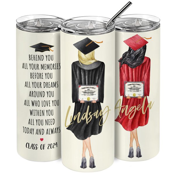 Personalized Skinny Tumbler for Women, 20 Oz. Choose Your Hair Styles, Hood and Skin Color - Custom Graduation Cup w/Name & Text, High School, College, Class of 2024