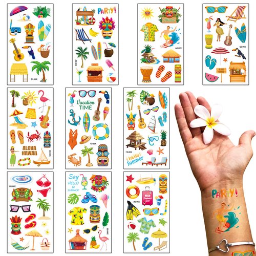 10 Sheets Hawaiian Temporary Tattoos Summer Topic Surfing Temporary Tattoo Sticker Coconut Tree Tattoo for Men Women Summer Holiday Sea Beach Party Favor Makeup Costume Supplies