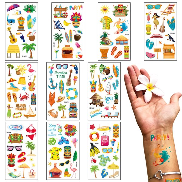 10 Sheets Hawaiian Temporary Tattoos Summer Topic Surfing Temporary Tattoo Sticker Coconut Tree Tattoo for Men Women Summer Holiday Sea Beach Party Favor Makeup Costume Supplies