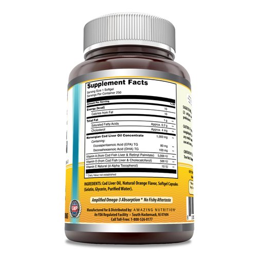 Amazing Omega Norwegian Cod Liver Oil 1000 Mg Softgels Supplement | Omega-3, EPA, DHA, Vitamin A, Vitamin D & Vitamin E (Orange | 250 Count)
