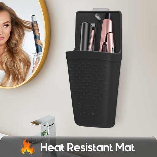 ZAKRA Curling Iron Holder,Heat Resistant Silicone Holder for Flat Iron,Hair Straightener,Hot Hair Tools,Vanity Accessories Fix with Stainless Steel Hook.(Black)